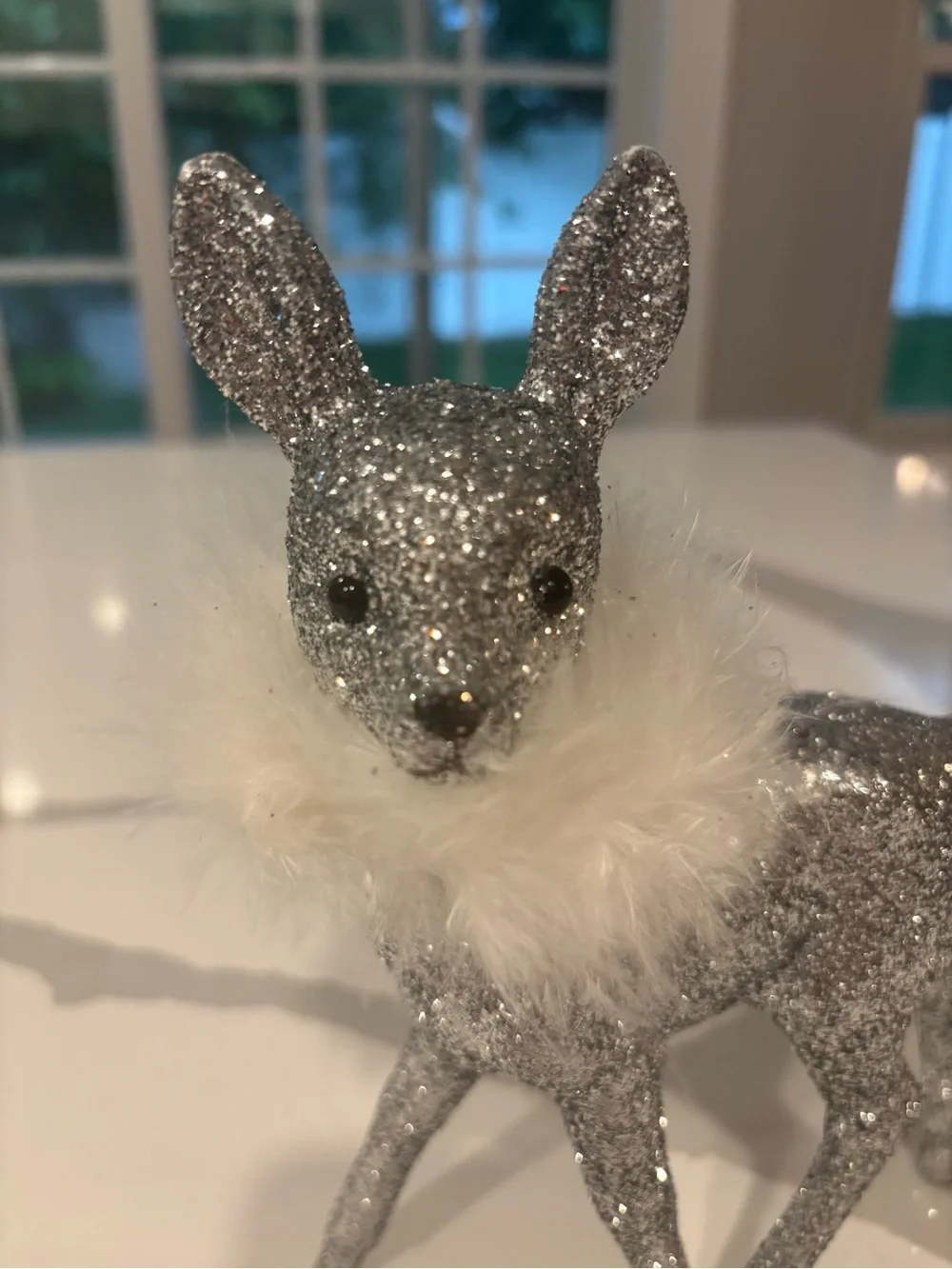 Silver Glitter Deer Figurine with White Faux Fur Collar… 5x7 Inches